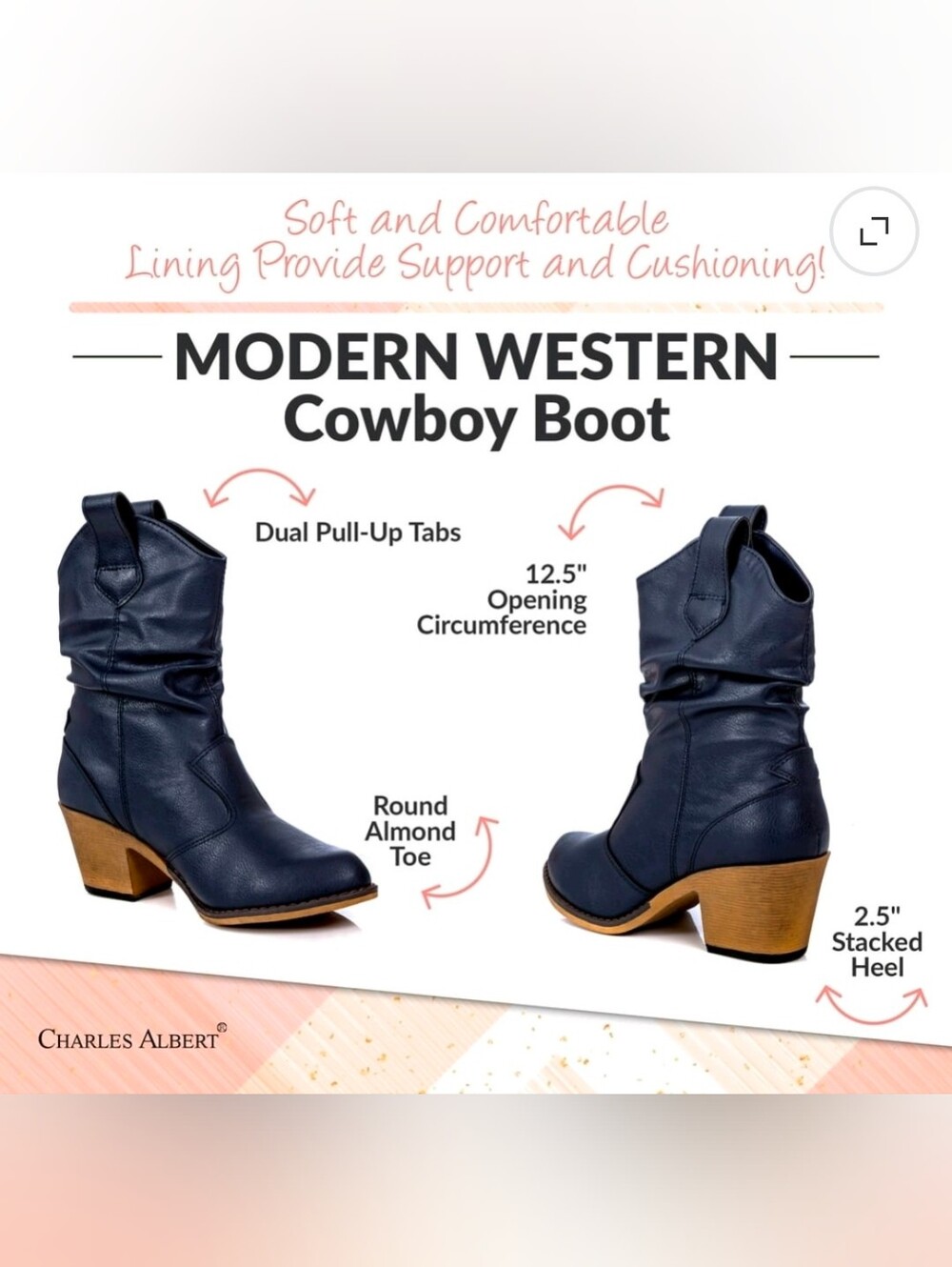 Women's BlackMid-Calf Western Boot with Block Heel - Picture 2 of 7